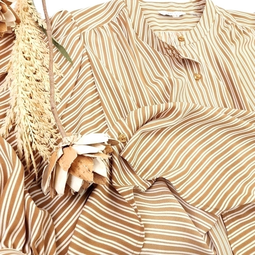 🔴 Calvin Klein Camel Tan Cream Striped Bubble Sleeve Top Sz M - Picture 9 of 11